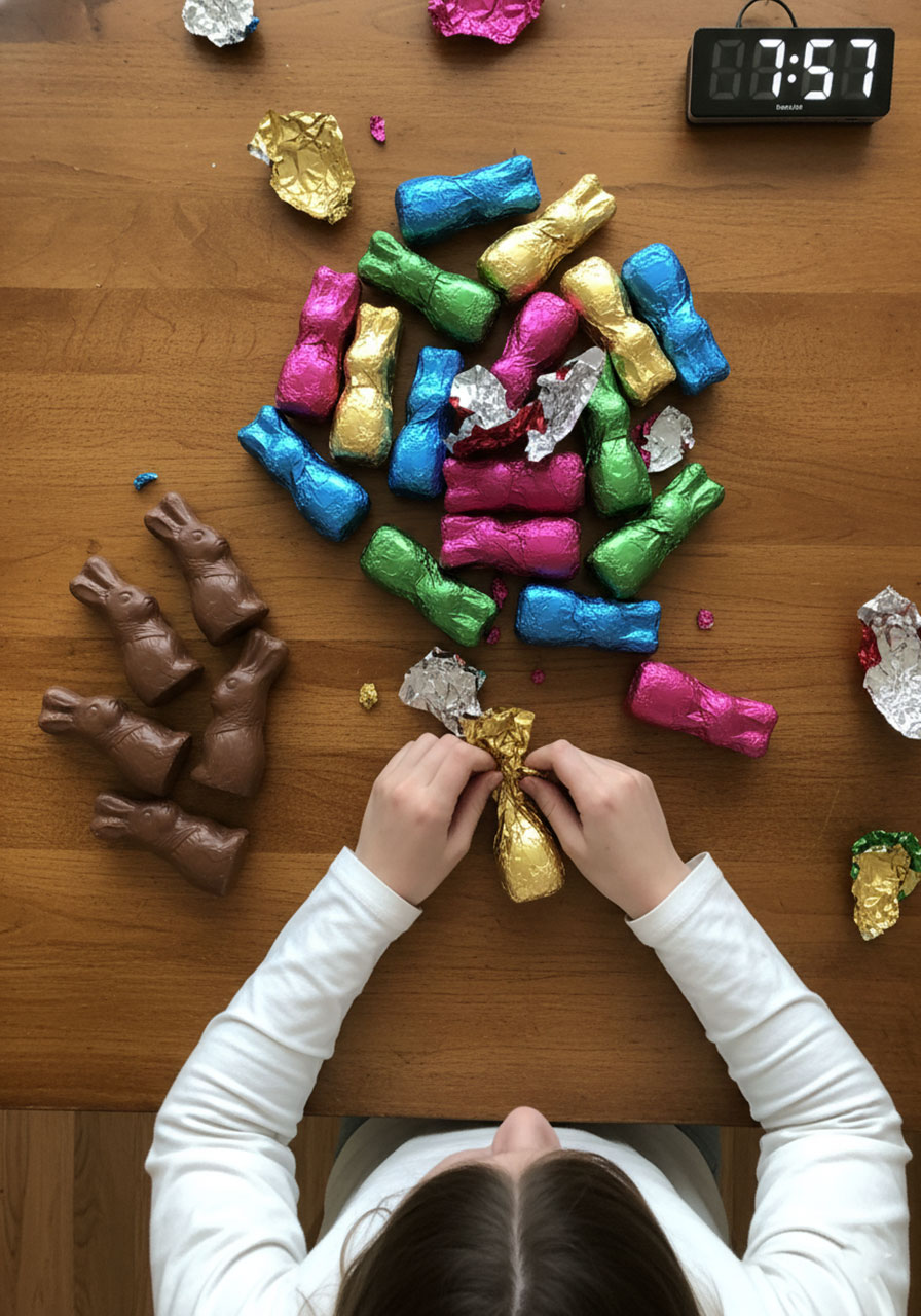 Fast-paced Easter game unwrapping chocolate bunnies against one minute timer