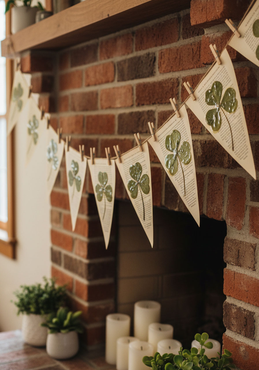 Vintage book page banner with pressed shamrock leaves hanging on fireplace mantel for St. Patrick's Day decoration