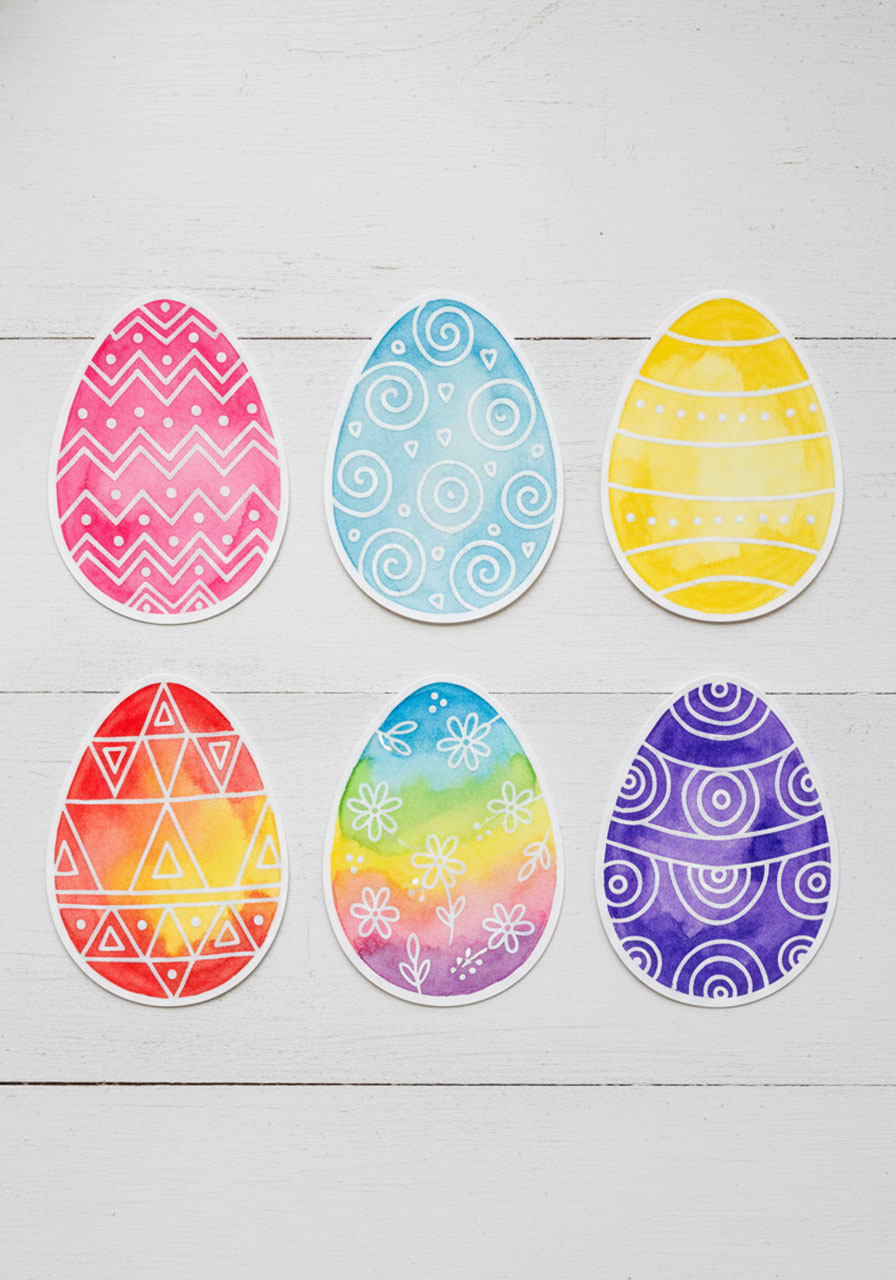 Collection of completed watercolor resist Easter egg art showing various pattern designs and colors