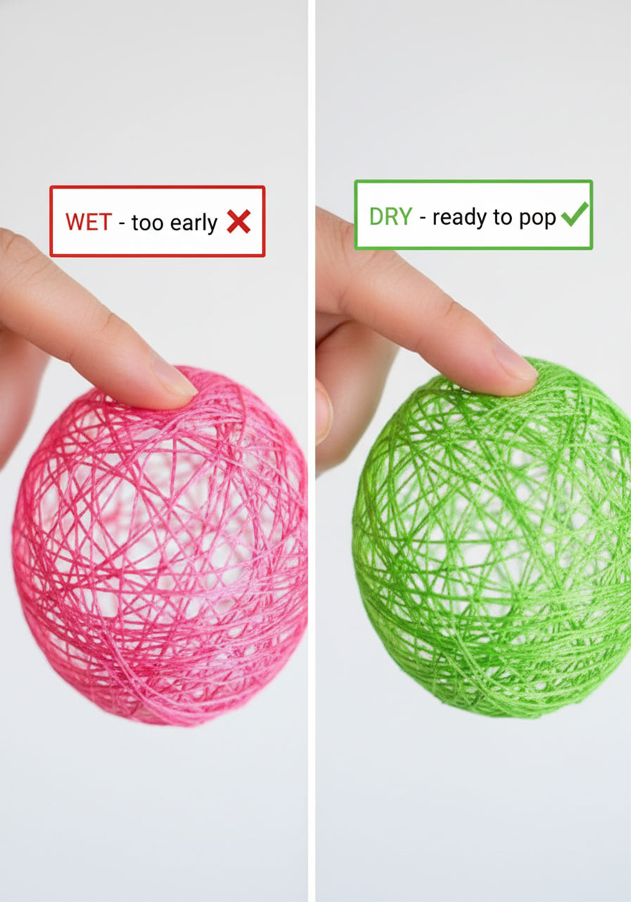Comparison between wet and dry string Easter eggs showing when they are ready to pop the balloon