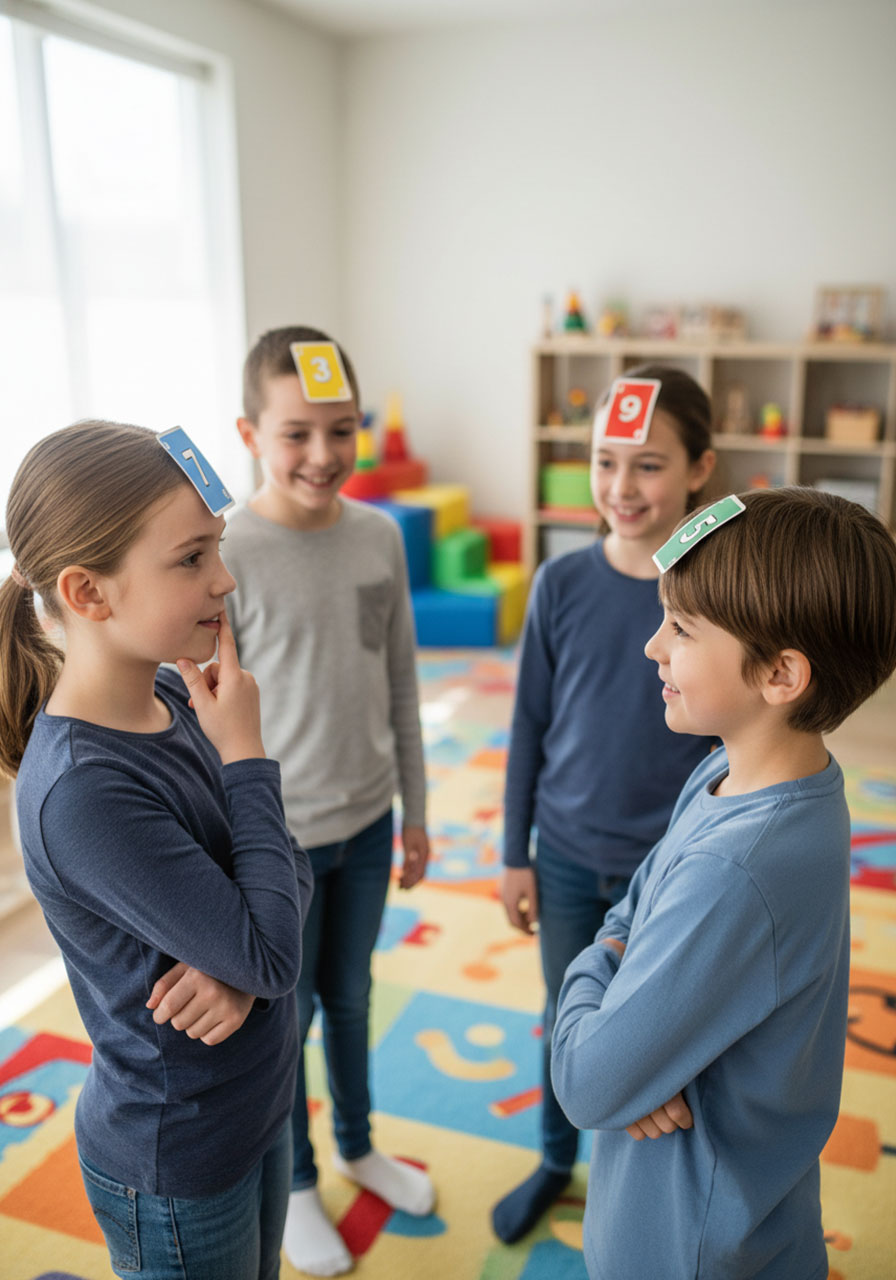 Children playing Who Am I guessing game with UNO cards taped to their foreheads during party
