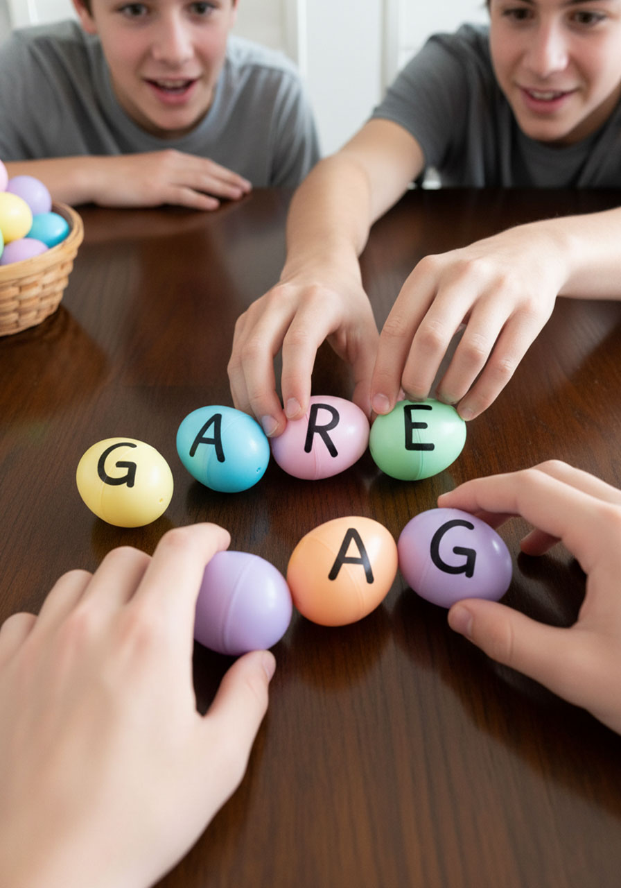 Teens solving word scramble puzzle using letter-marked Easter eggs to find hidden basket location