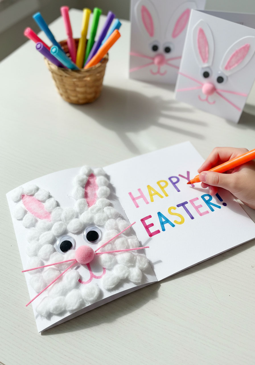 Child writing Happy Easter message inside handmade cotton ball bunny greeting card craft