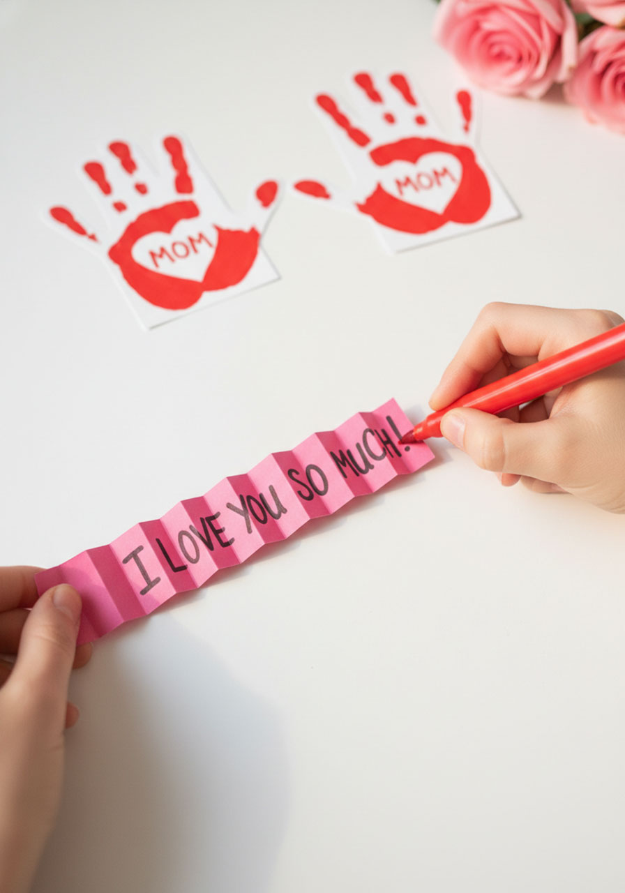 Child writing "I Love You So Much" message across a pink accordion paper strip for a DIY handprint card for Mother's Day