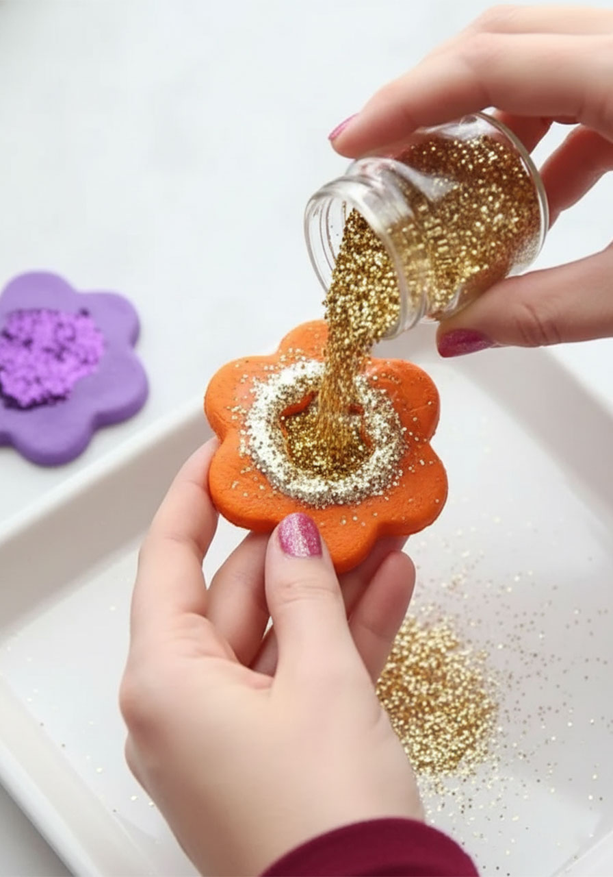 Close-up of hands pouring gold glitter onto an orange salt dough flower magnet around the center photo cutout opening