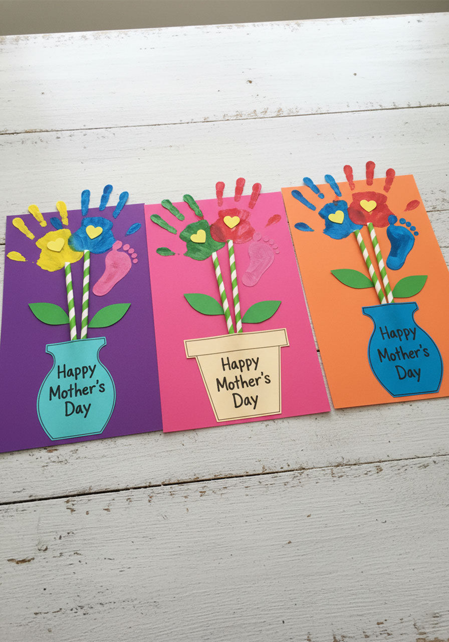 Three completed adorable Mother's Day handprint flower craft bouquets in colorful vases with painted kids' handprints and footprints