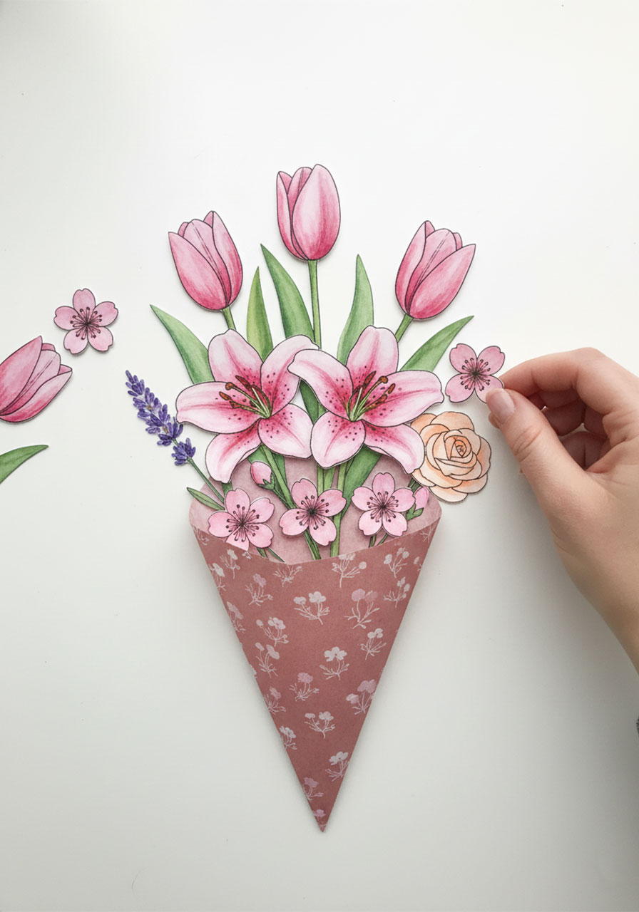 Overhead view of cut-out watercolor paper flowers being arranged inside a pink cone bouquet wrap before gluing, showing the layering technique for the DIY forever bouquet Mother's Day card