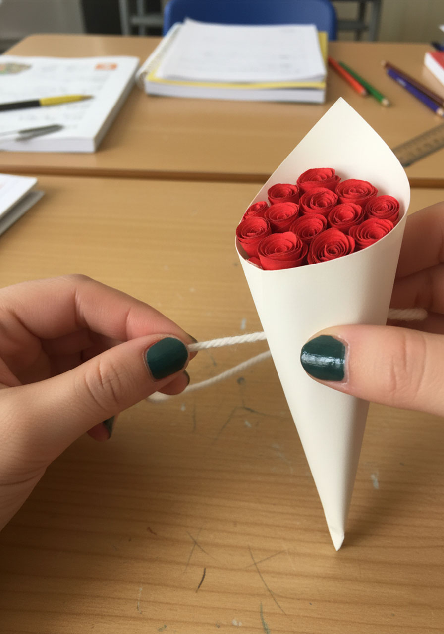 Hand placing red paper roses into a white paper cone to assemble a DIY mini paper rose bouquet, showing the packing process mid-assembly