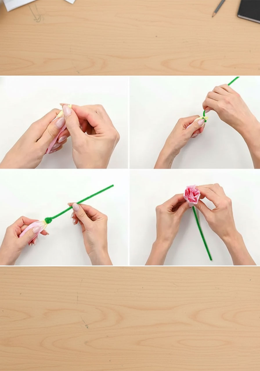 Wrapping a green pipe cleaner tightly around the base of a coffee filter flower to form the stem step 6a