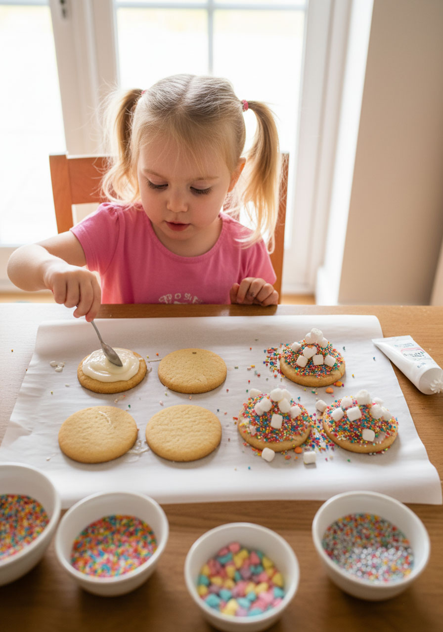 Toddler decorating plain biscuits with icing and sprinkles in a simple no-bake kitchen activity