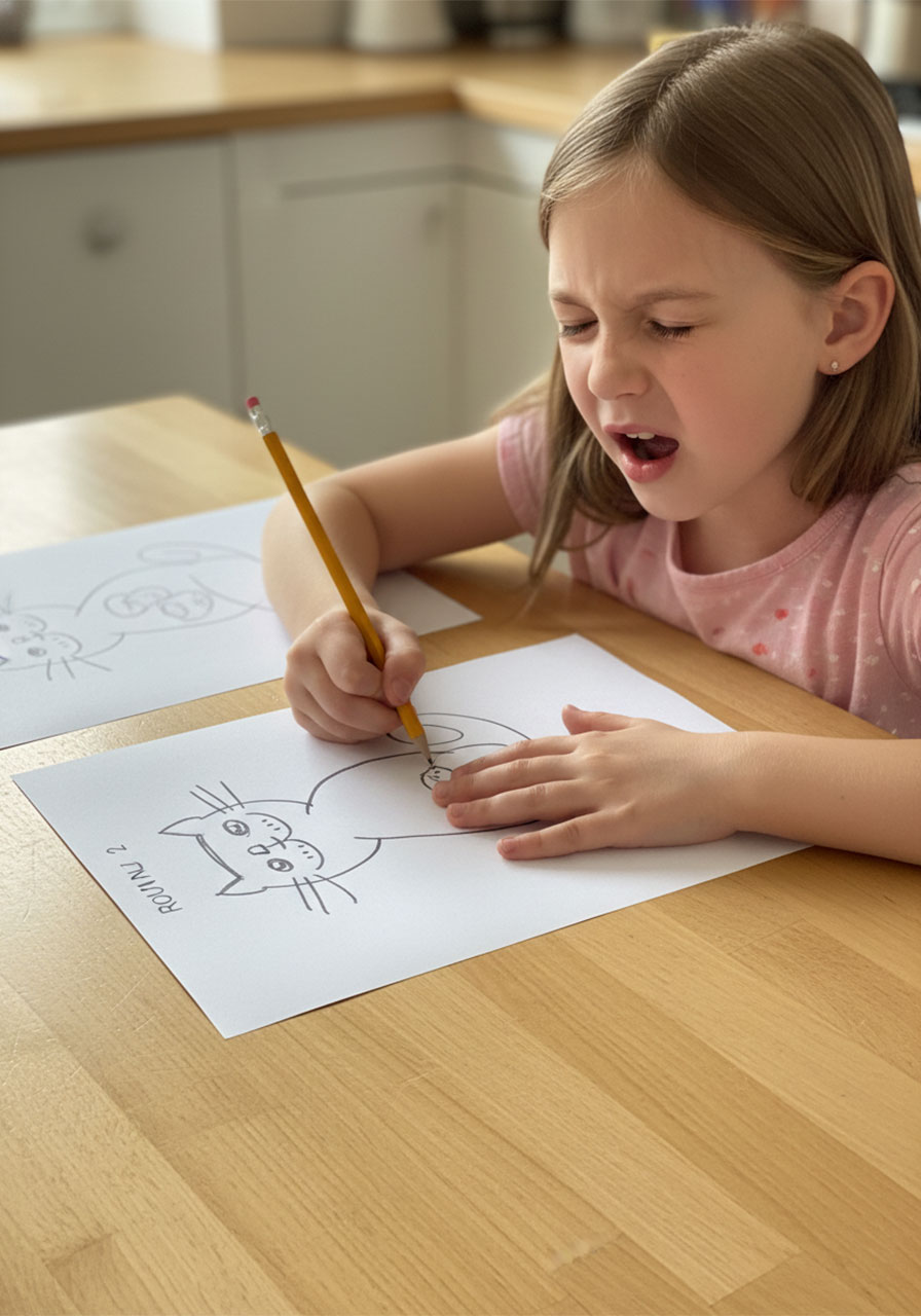 Young girl playing blind drawing pen and paper game with eyes closed, pencil on paper at a kitchen table