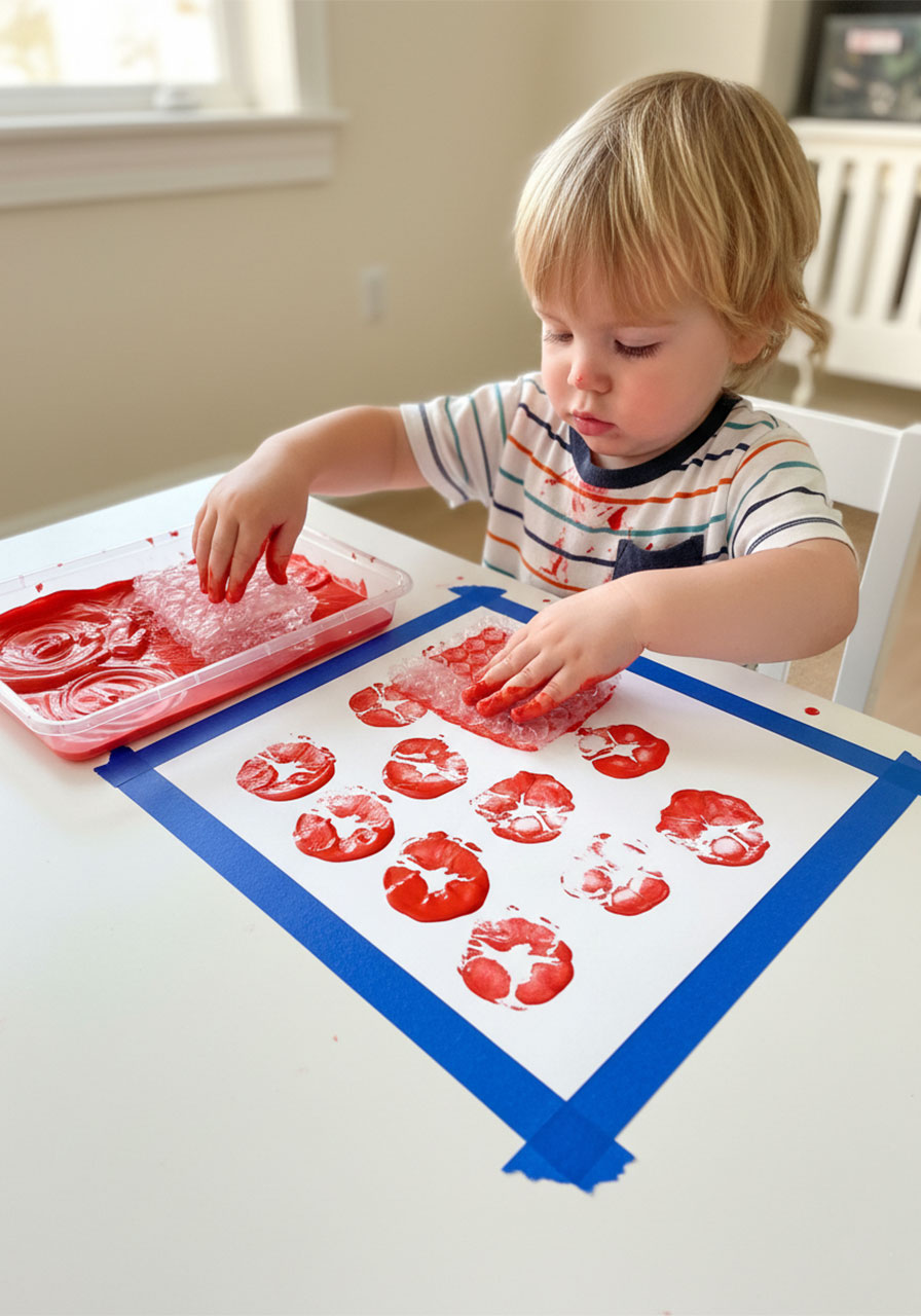 Toddler stamping bubble wrap dipped in red paint onto white paper for a fun printing craft