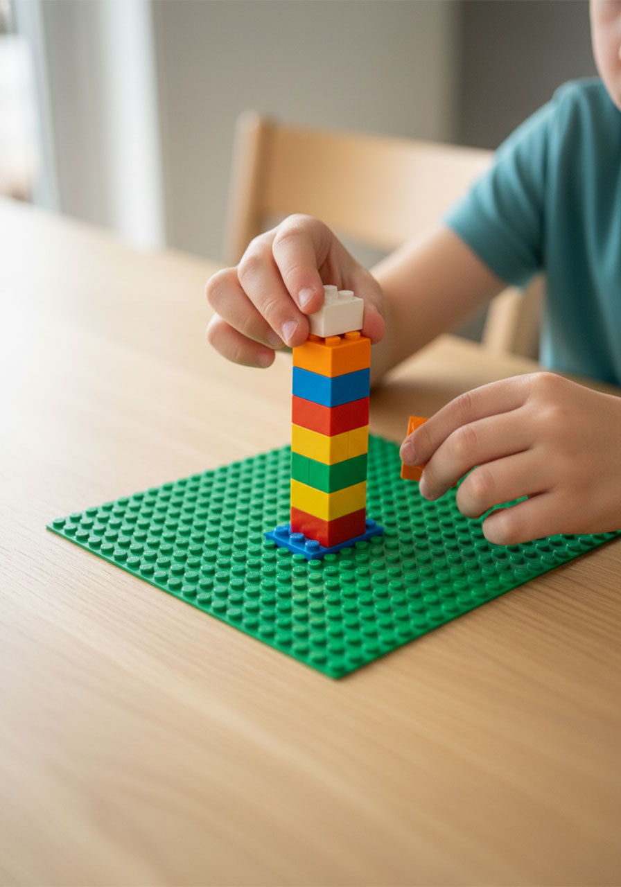 Child's hands stacking colorful LEGO bricks to build the gnomon tower for a DIY LEGO sundial science experiment