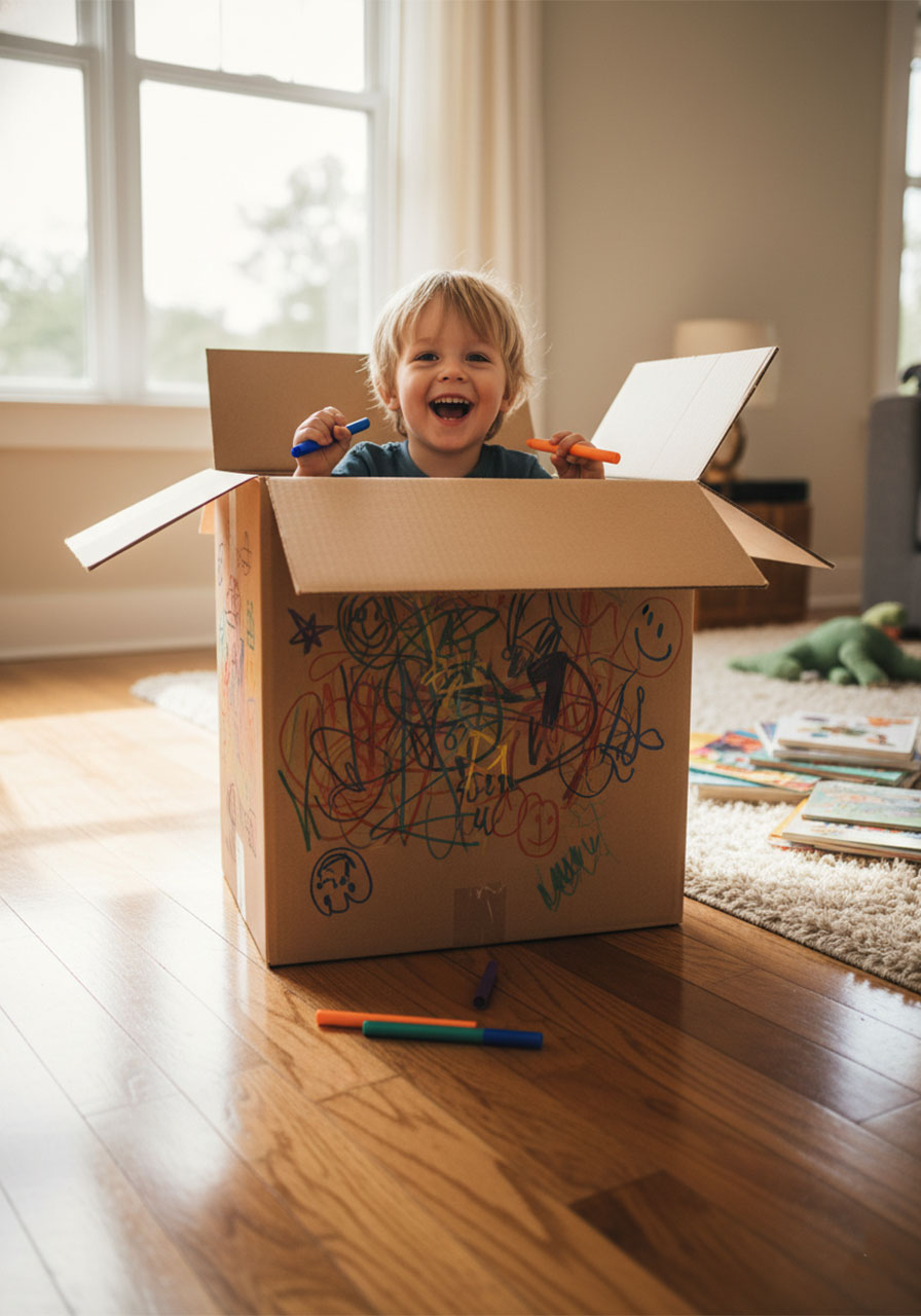 Toddler sitting inside a large cardboard box drawing on all the inner walls with colorful felt-tip pens