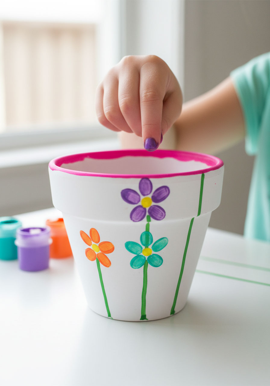 Child pressing purple paint fingerprint petals onto green stem to create colorful flowers on a Mothers Day terracotta pot