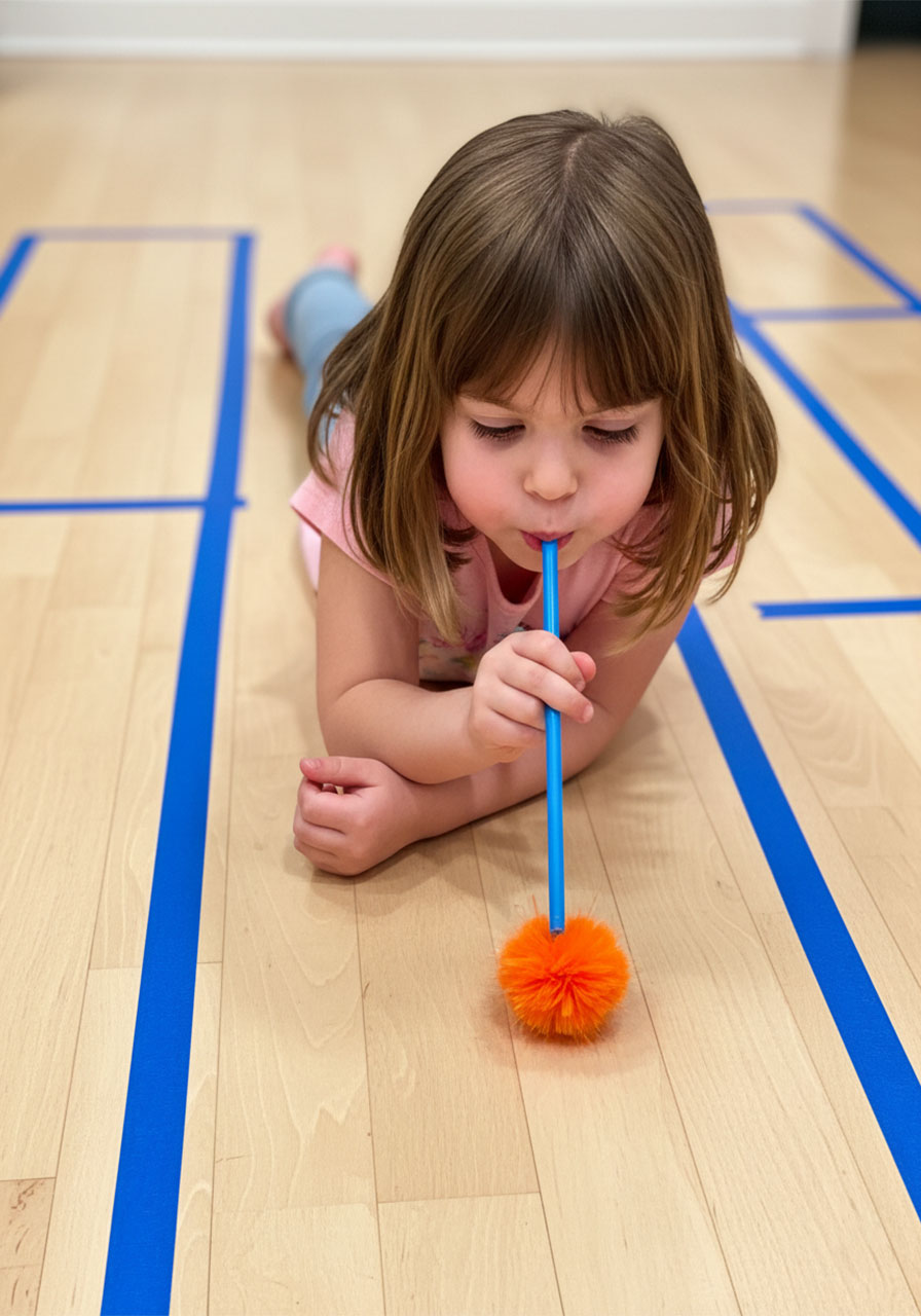 Young girl lying on floor blowing a pom-pom through a blue tape straw maze activity