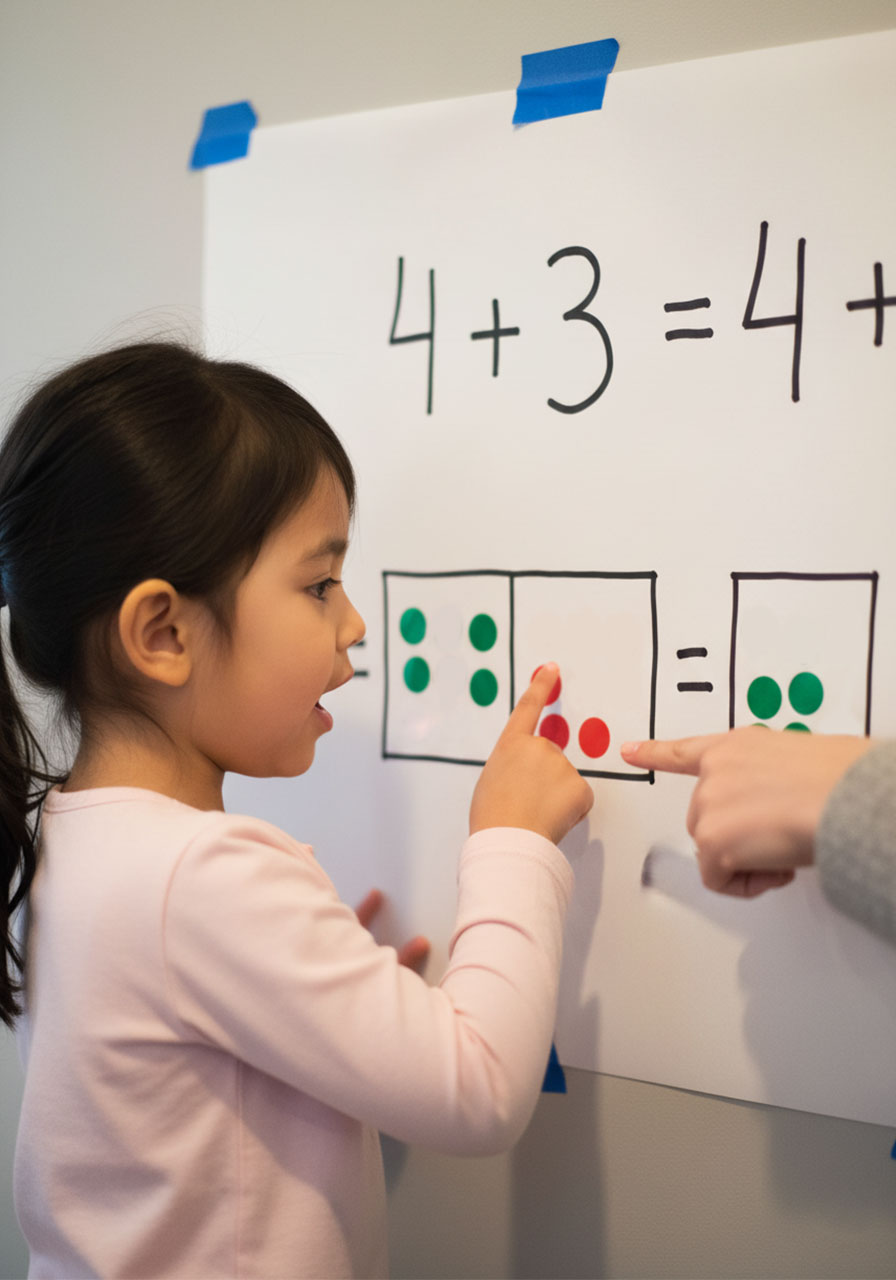 Young girl pointing to and counting colorful dot stickers in answer box while doing a hands-on addition activity, with adult guiding her