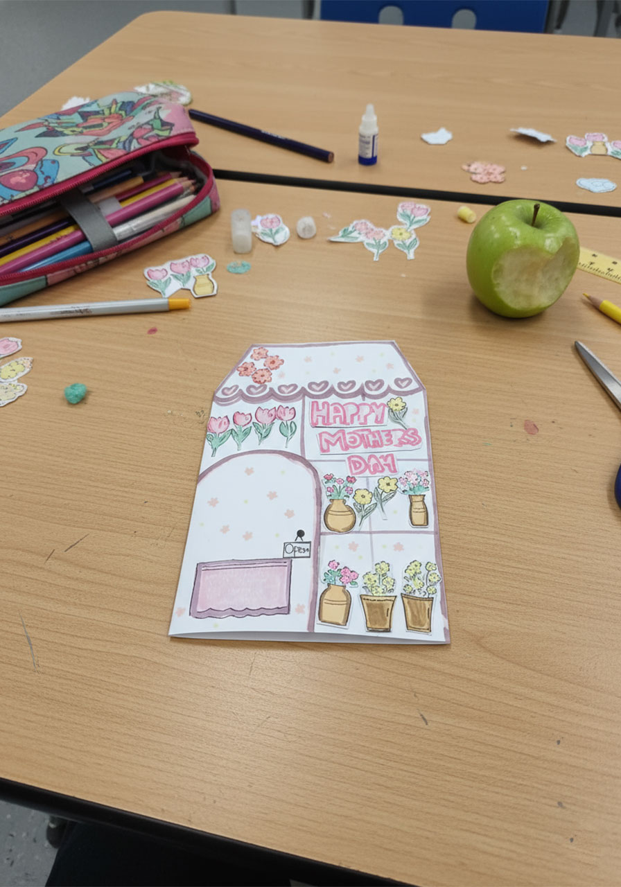 Young girl coloring and decorating the front of a DIY Mother's Day flower shop pop-up card with pastel markers, drawing the scalloped awning and window display step 2