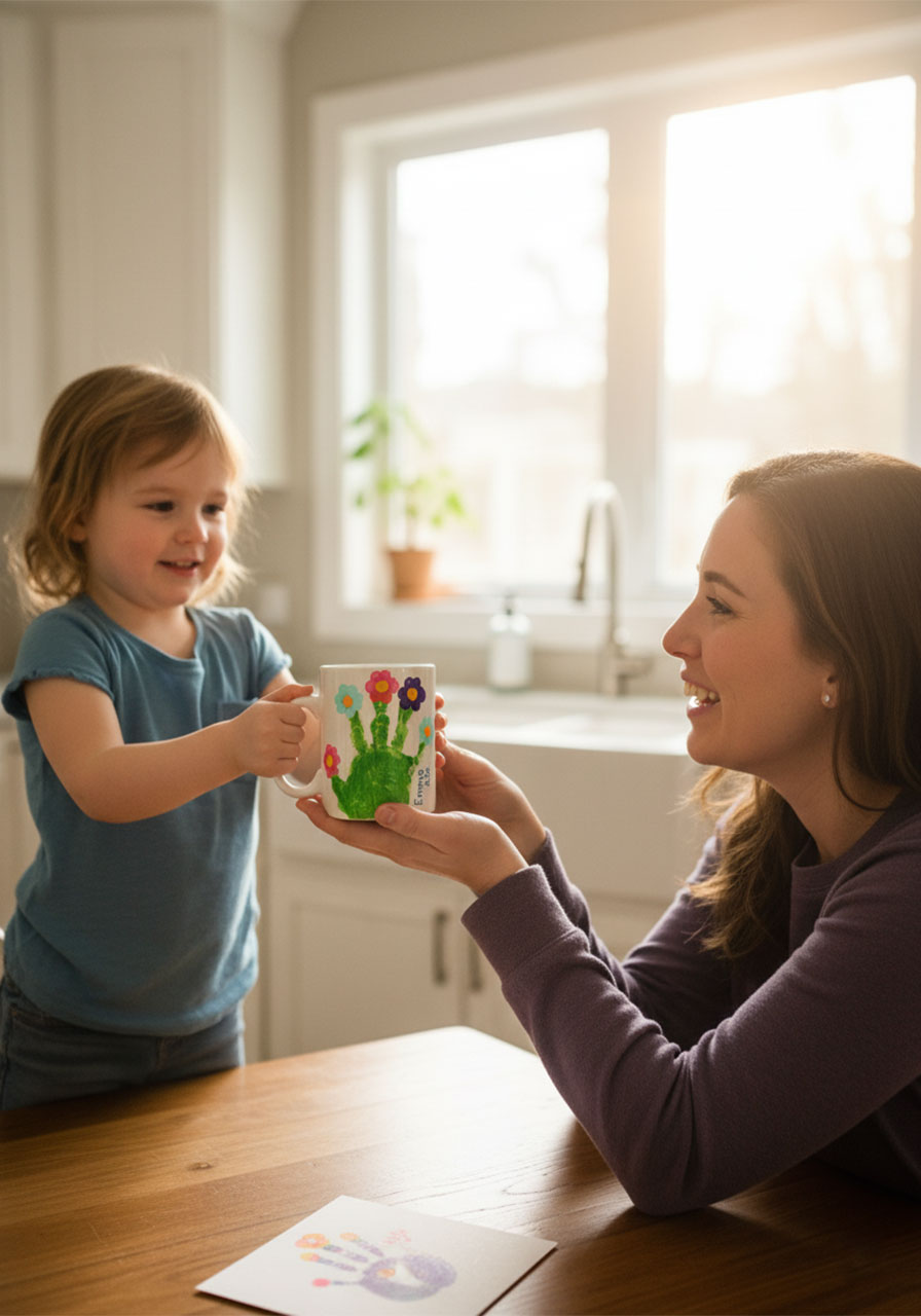 Young child giving mom a handprint flower mug as a heartfelt Mother's Day gift