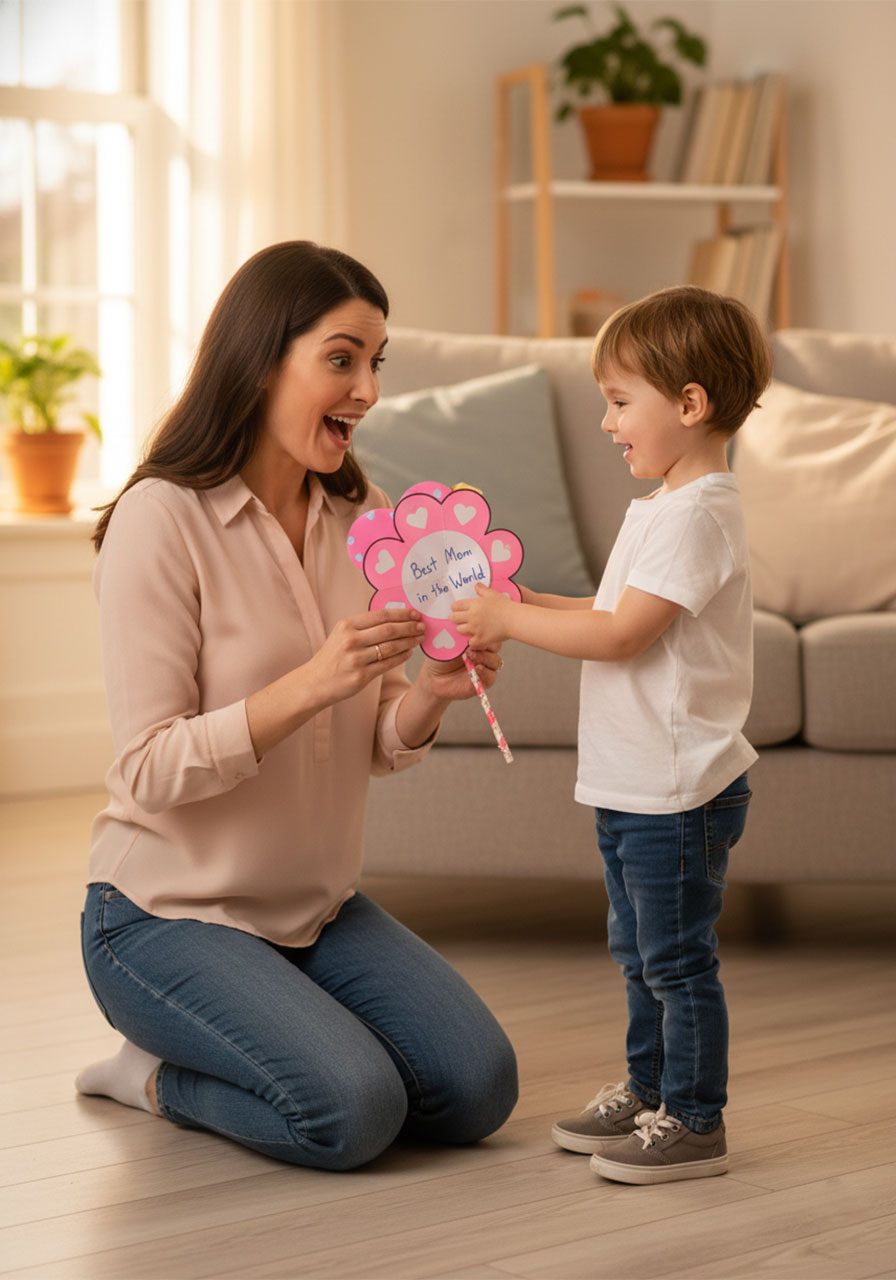 Child giving Mom a handmade Mother's Day heart card that unfolds into a flower surprise — heartfelt kids' Mother's Day craft gift idea