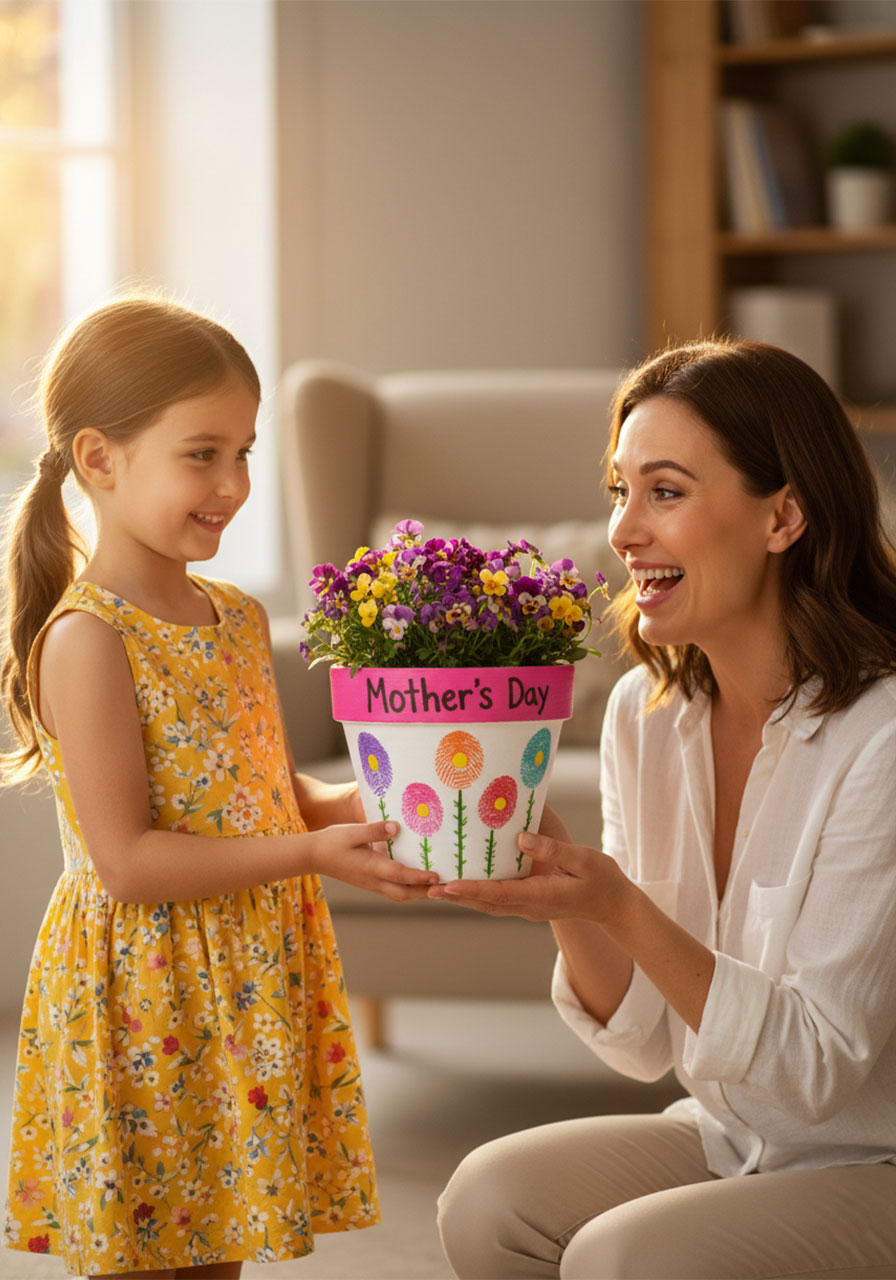 Young girl proudly presenting handmade fingerprint Mothers Day flower pot to her delighted mother in a warm living room setting
