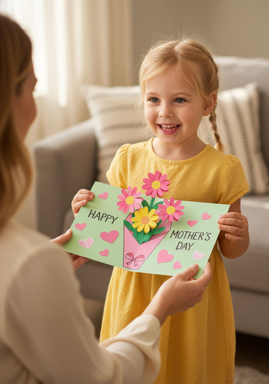 Young girl proudly presenting a handmade DIY pop-up flower bouquet Mother's Day card to her mom in a bright living room