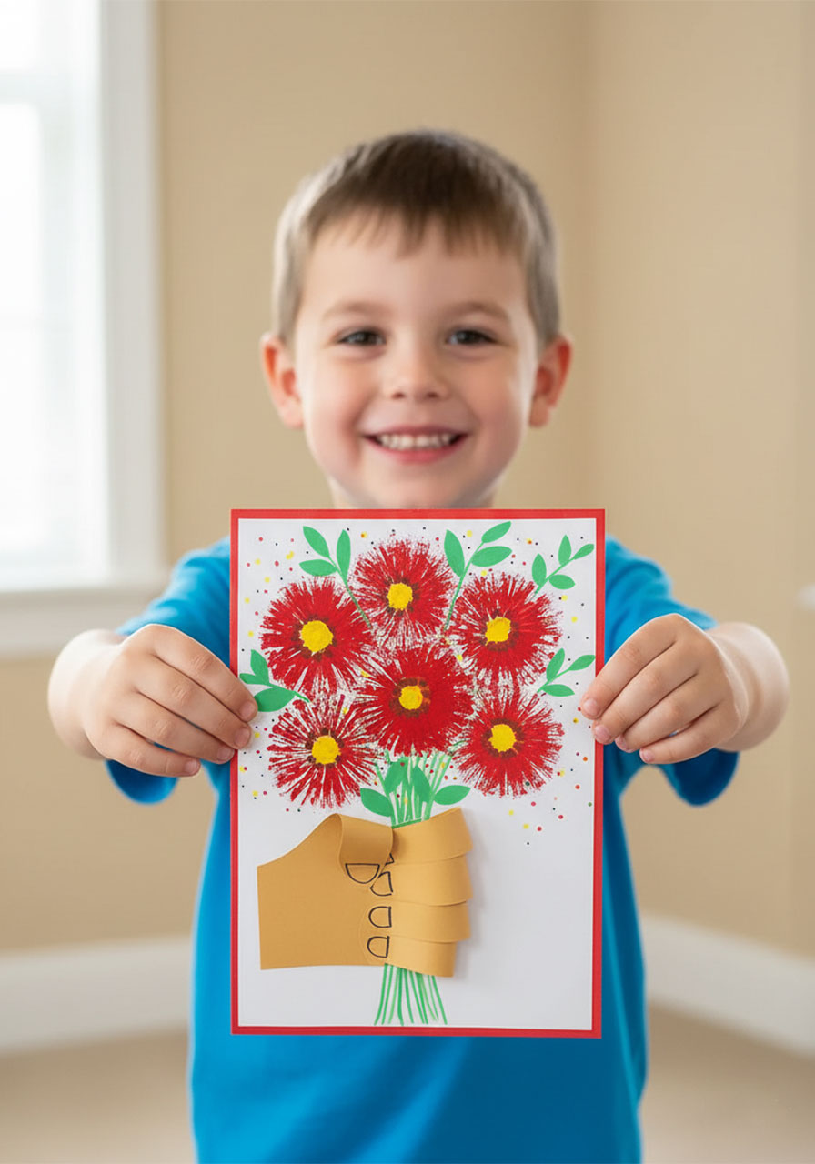 Young child proudly holding the finished DIY helping hands bouquet Mother's Day craft card