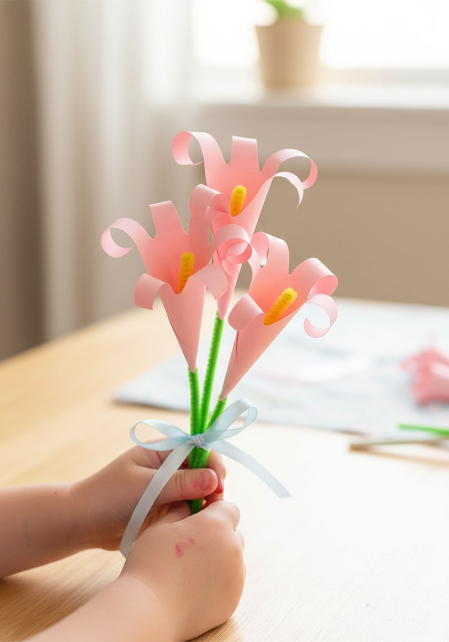 Child presenting a handprint paper lily bouquet tied with blue ribbon as a homemade Mother's Day gift