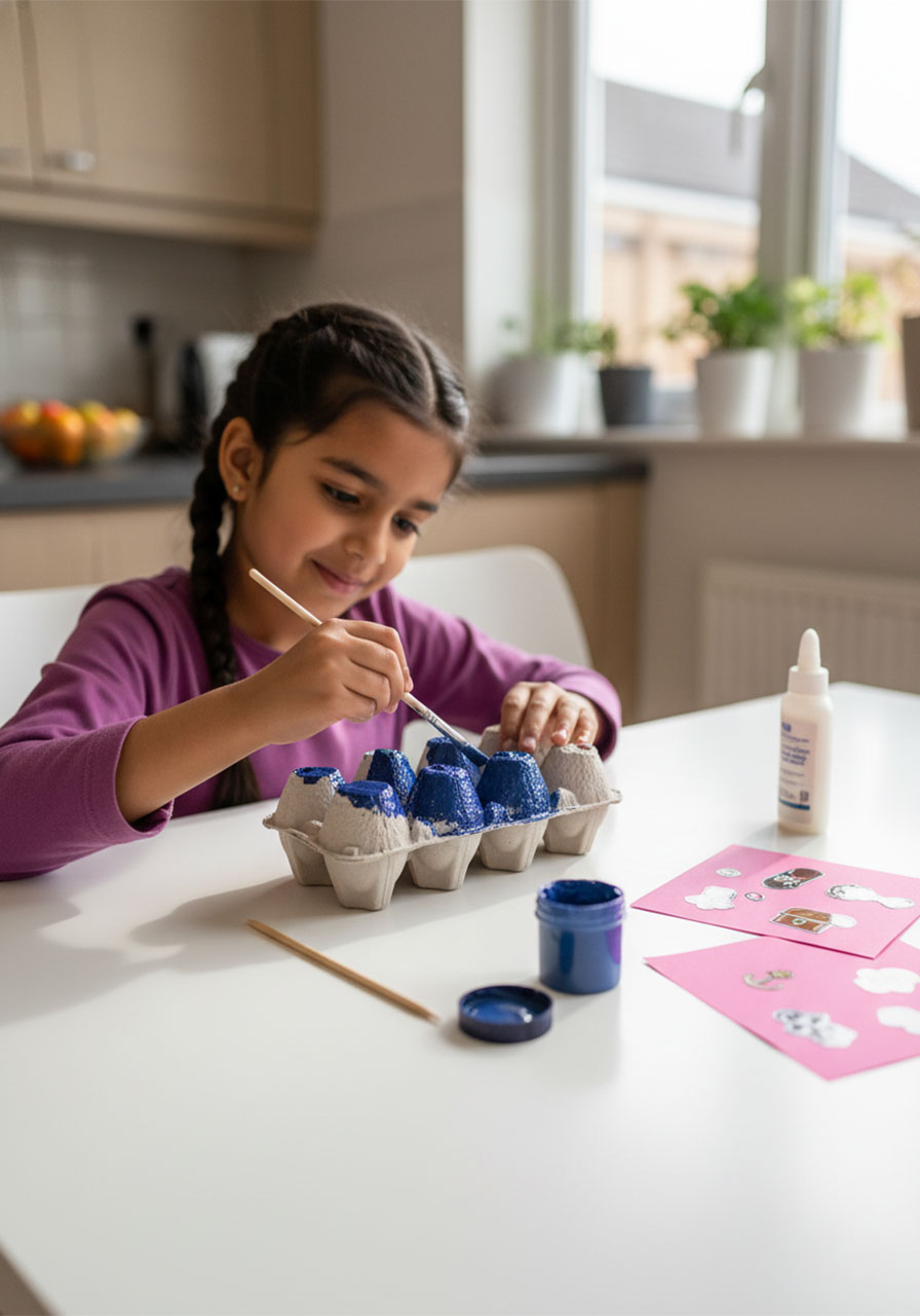 Young girl painting an egg carton to make a DIY pirate ship craft at a home dining table