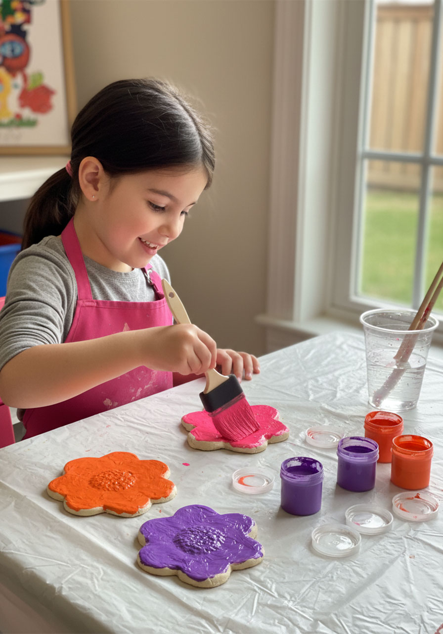 Young girl painting a baked salt dough flower with bright pink acrylic paint at a craft table, with orange and purple painted flowers beside her
