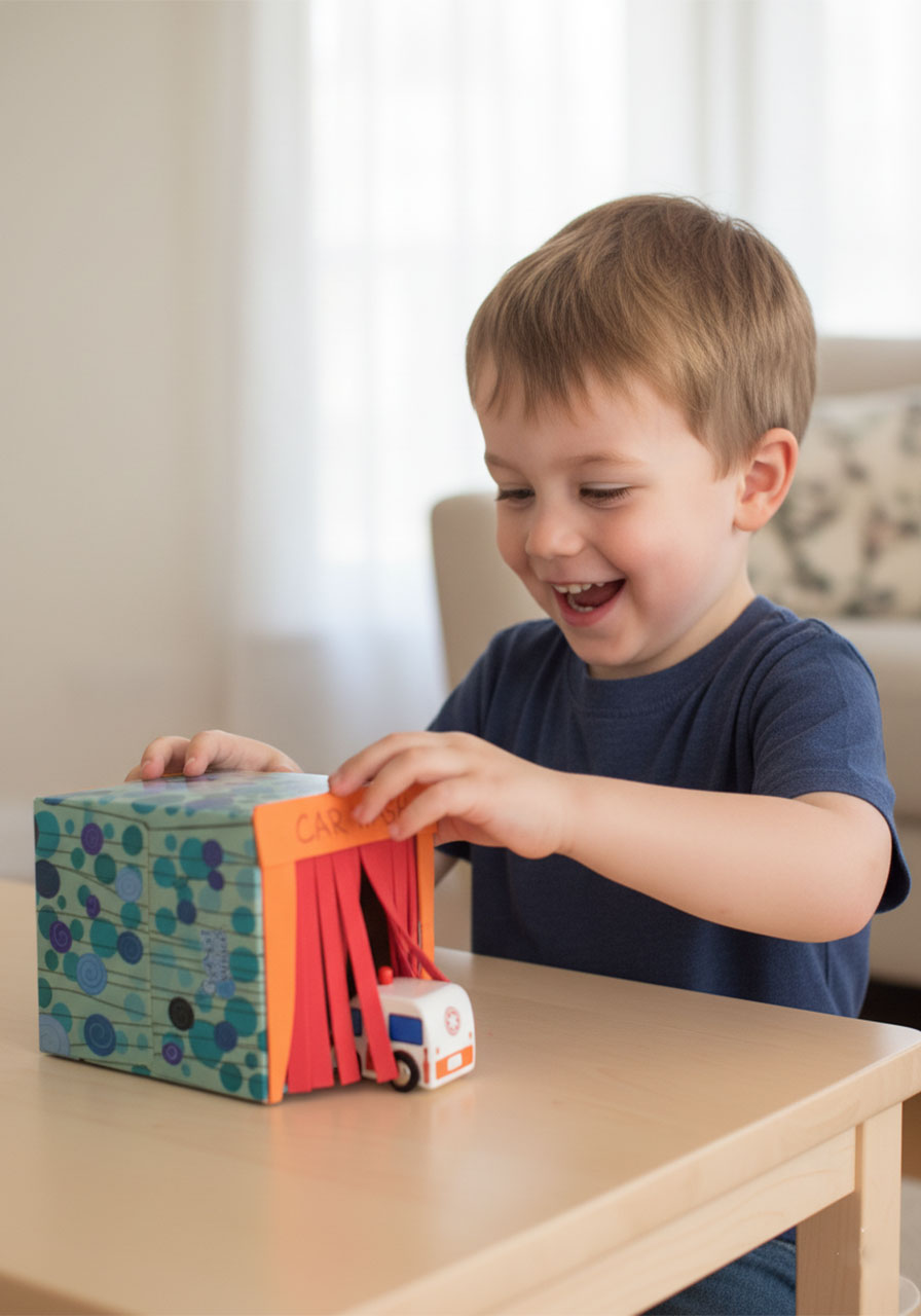 Happy 4-year-old boy pushing a toy car through a homemade tissue box car wash with red foam curtain strips, DIY kids craft activity