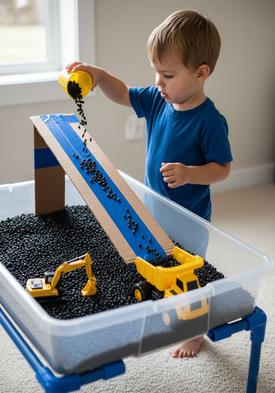 Toddler pouring black beans down a DIY cardboard ramp into a toy dump truck in a construction sensory bin