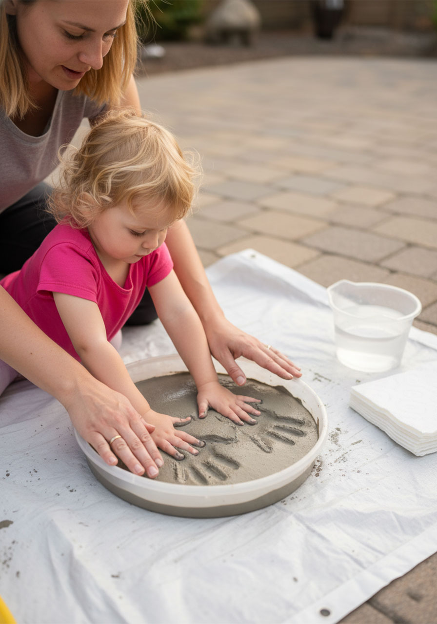 Toddler girl pressing both hands into wet concrete stepping stone mold, guided by her mother, outdoors on a patio — step 3 of DIY handprint stepping stone craft