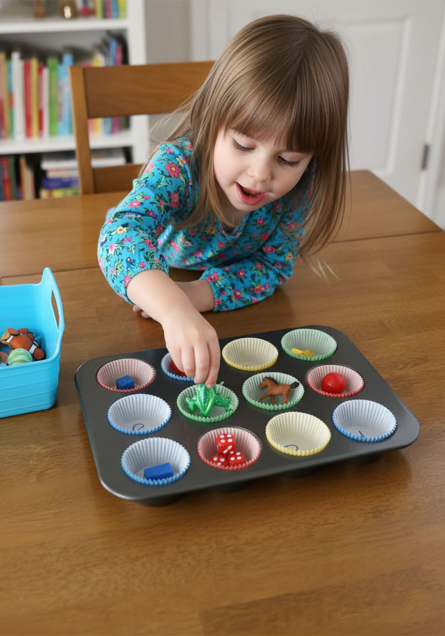 Young girl placing a toy frog into the F cup during a muffin tin letter sounds sorting activity