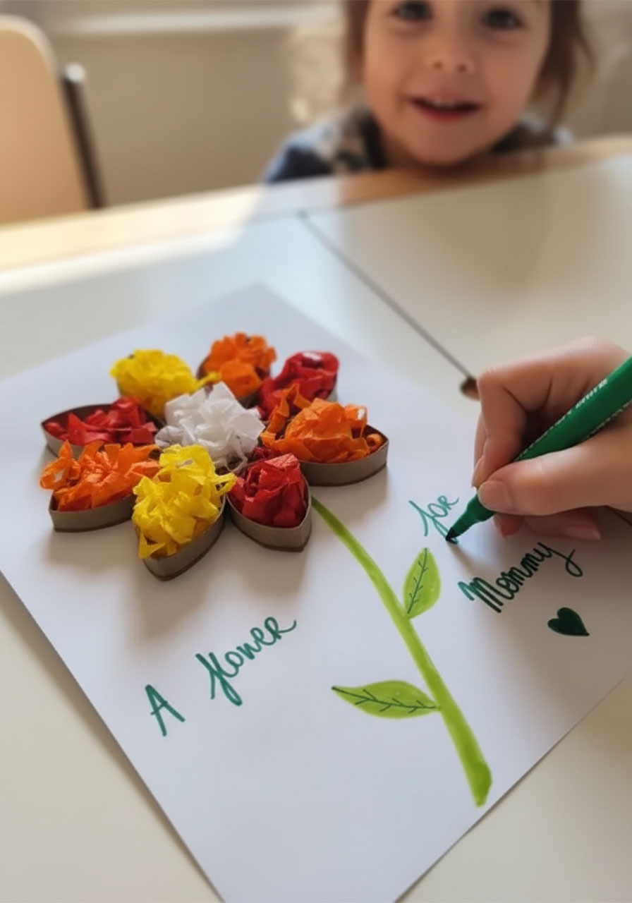 Child writing "A Flower for Mommy" message on completed toilet paper roll flower craft for Mother's Day gift