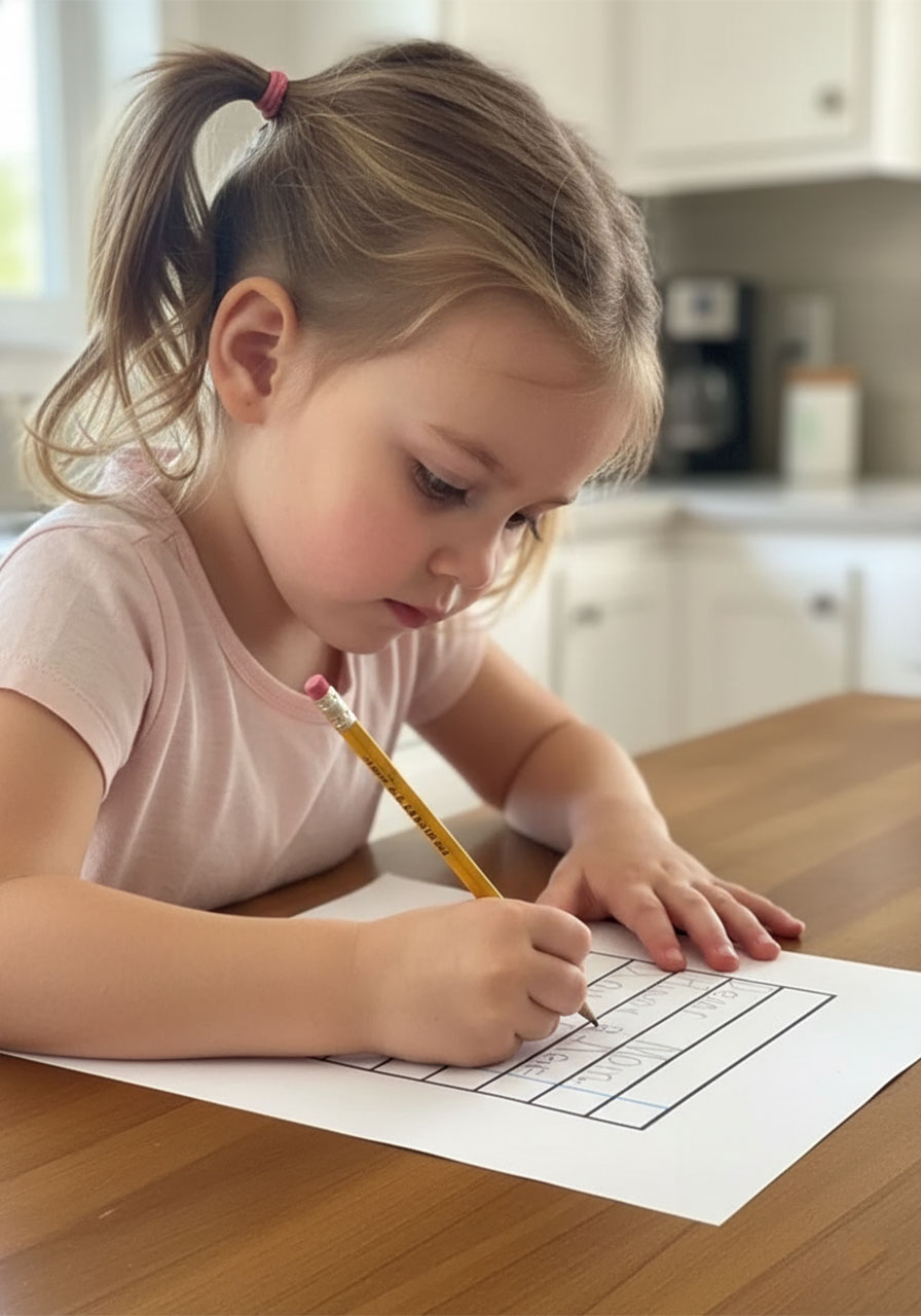 Young girl writing a heartfelt Mother's Day message on notebook paper template to trace onto shrink plastic
