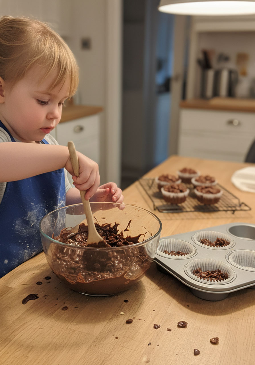 Toddler stirring chocolate cornflake cake mixture in a bowl with a wooden spoon for a simple baking activity