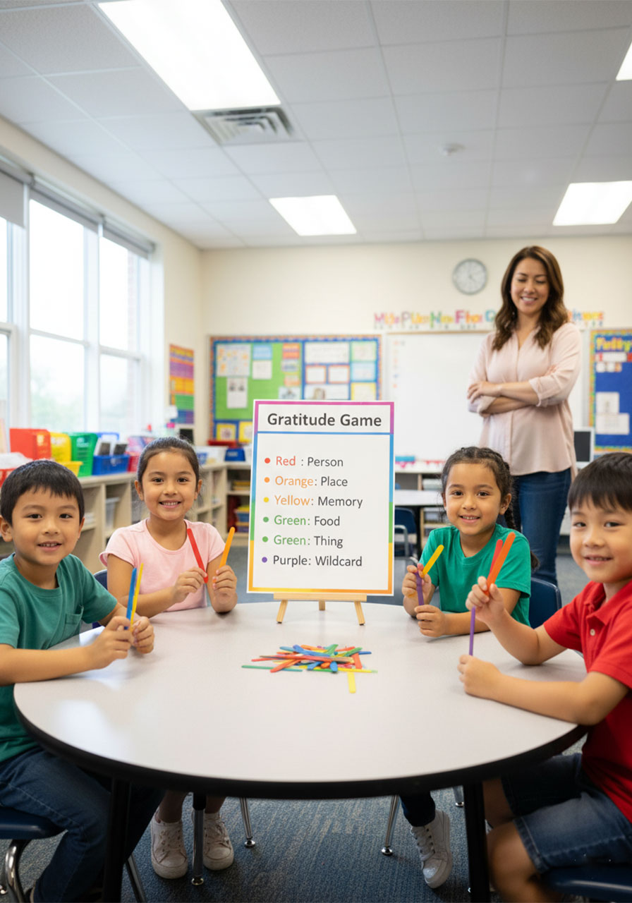 Elementary school students and teacher playing the gratitude pick-up sticks game in a classroom setting