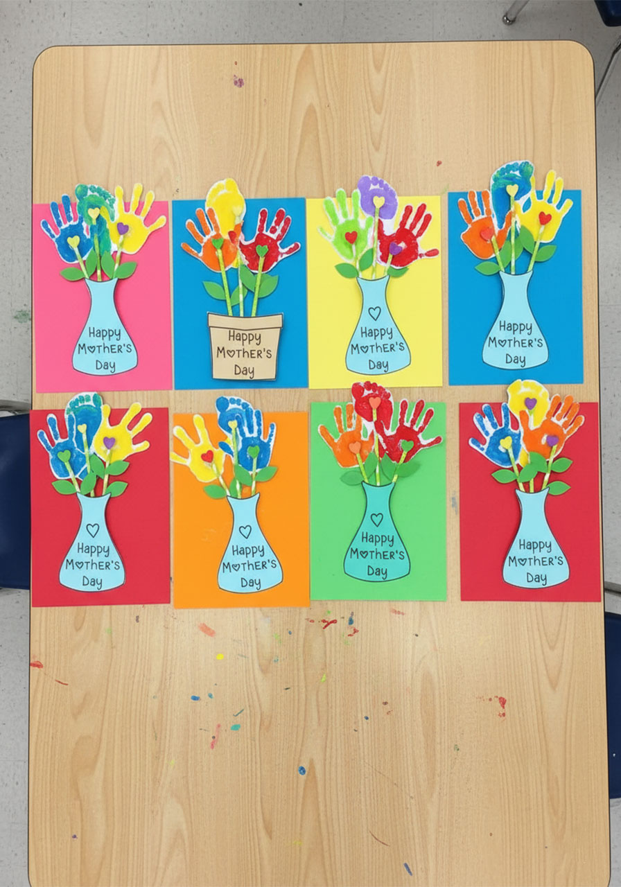 Eight completed Mother's Day handprint flower crafts made by students laid out on a classroom table as a group activity