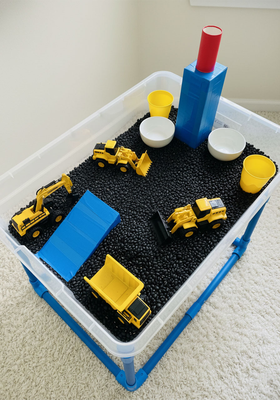 Complete construction truck sensory bin setup with black beans, cardboard ramp, and toy dump trucks on elevated sensory table