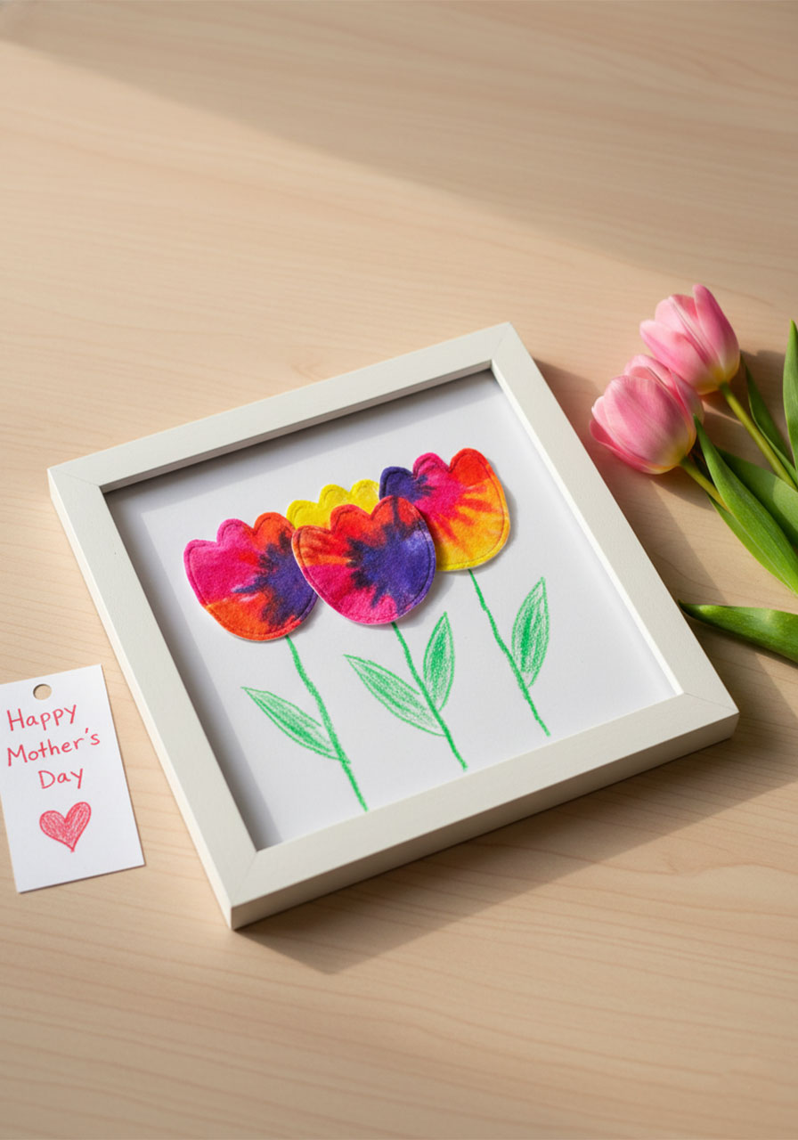 Completed cotton pad tulip craft displayed in a white frame as a handmade Mother's Day gift from kids — beautiful and easy spring flower art project