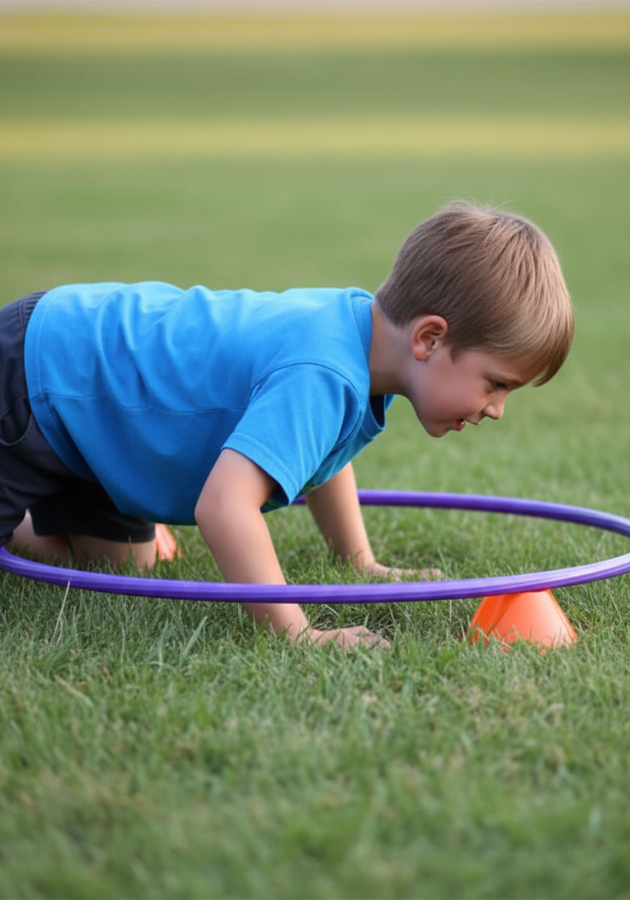 Child crawling underneath a lowered hula hoop in the challenging crawl-under variation of the Rabbit Hole game