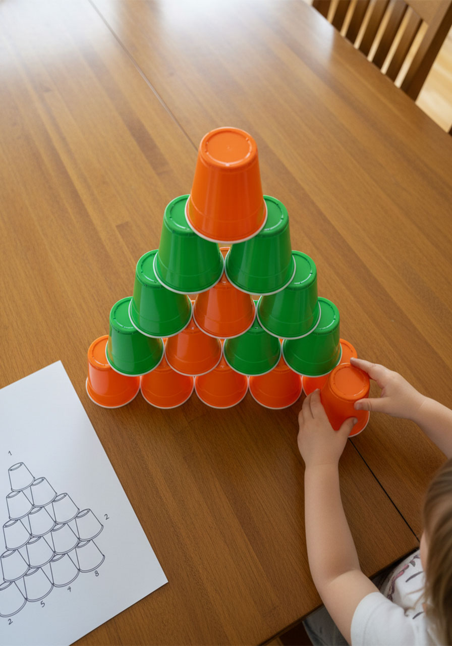 Overhead view of completed colorful cup pyramid STEM challenge for preschoolers