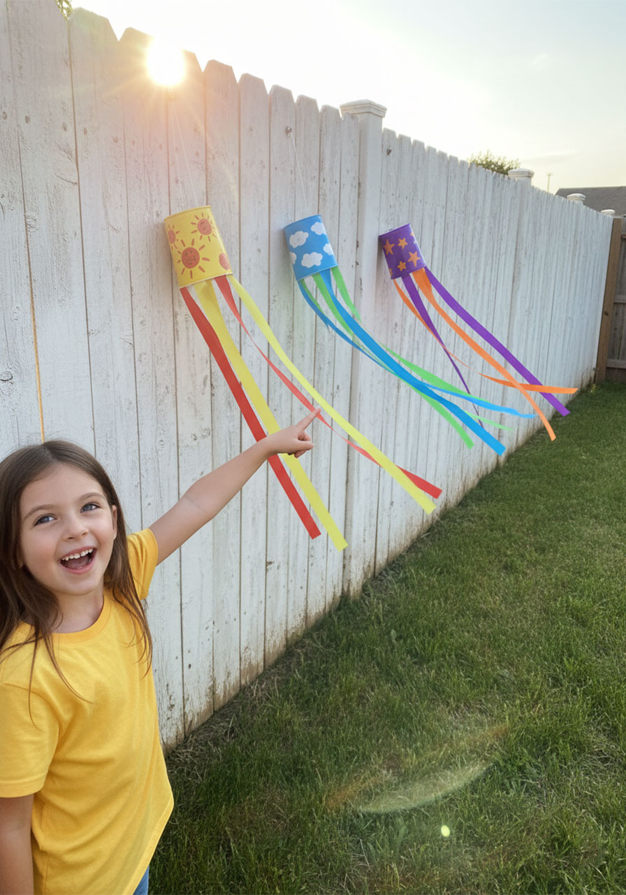 Preschool girl watching colorful cup windsocks blowing in wind for outdoor STEM science experiment