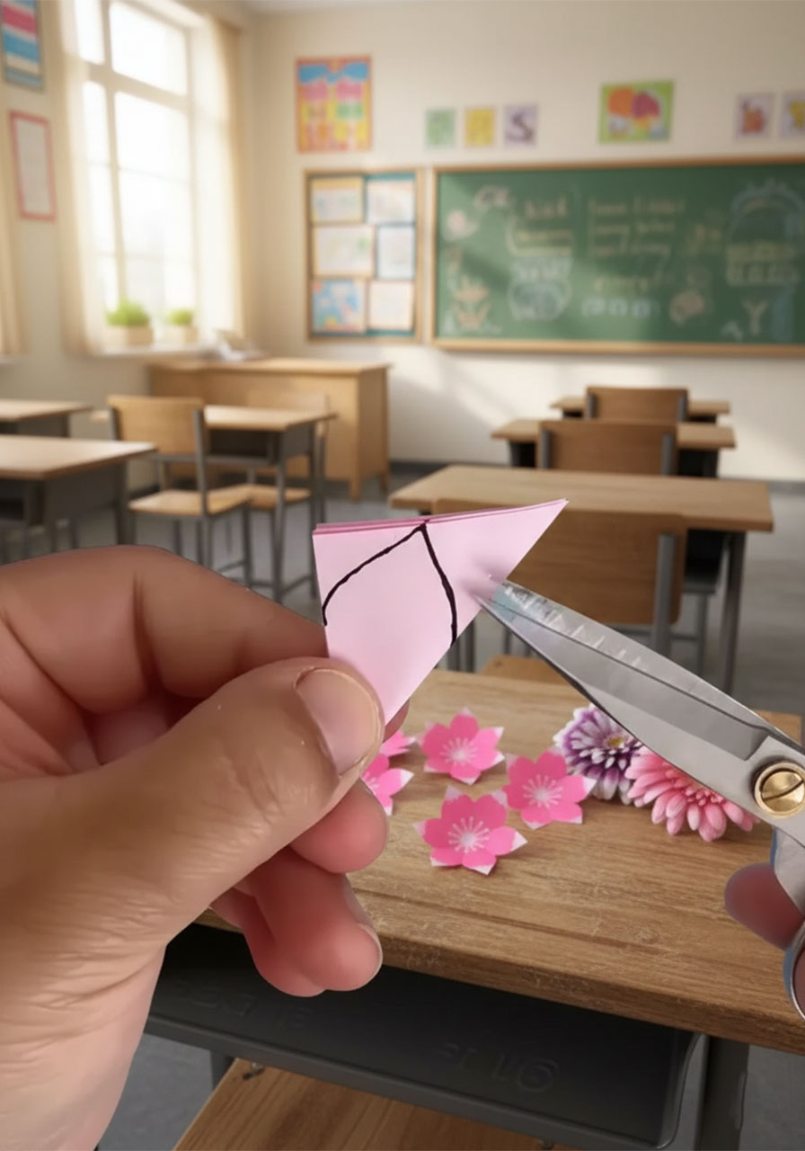 Hands cutting curved petal shape from folded pink paper triangle with scissors to make DIY pop-up card flowers