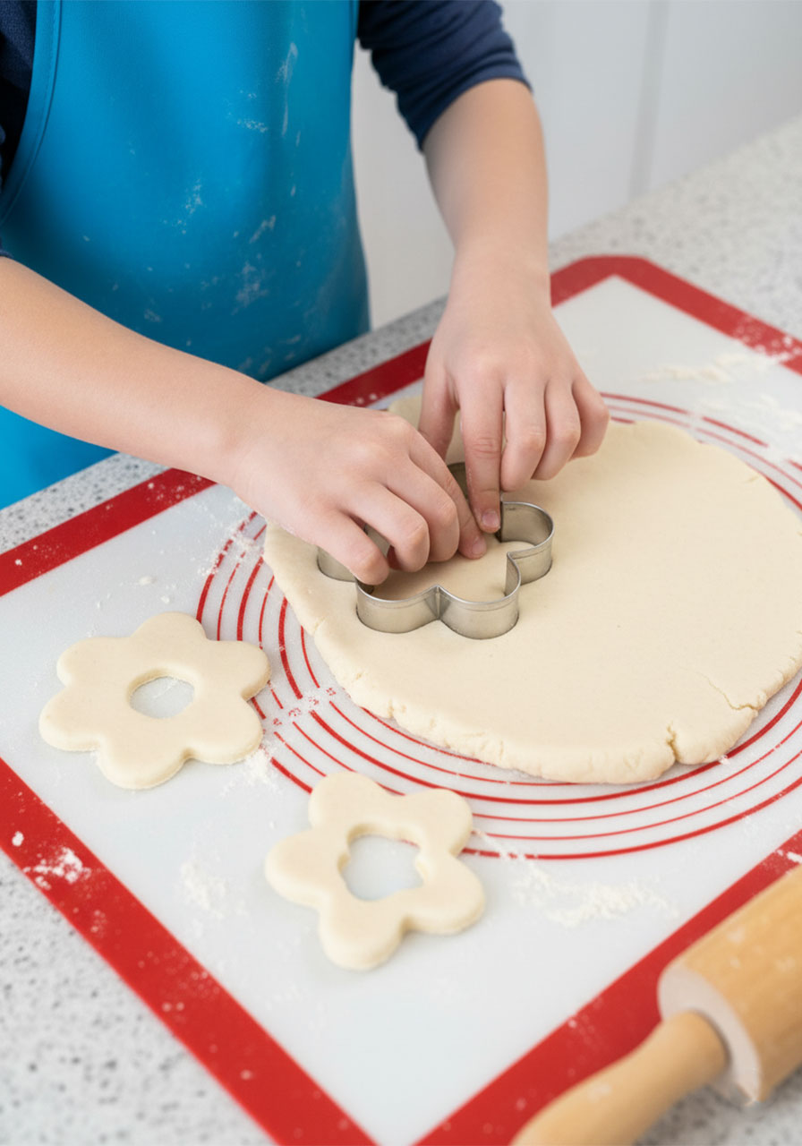 Child pressing a large flower cookie cutter into rolled salt dough to cut out flower shapes for Mother's Day magnets