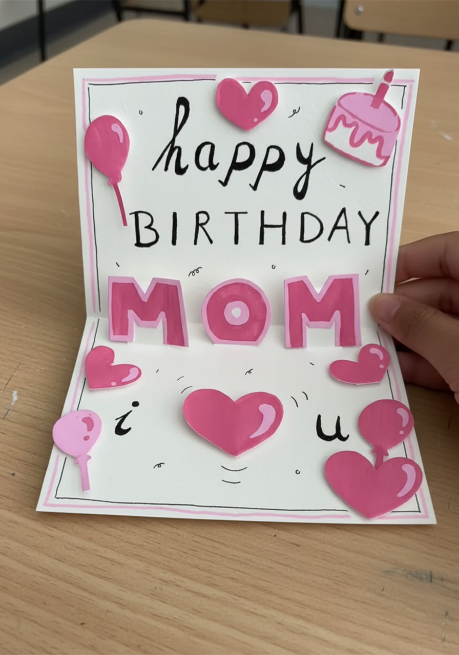 Close-up of finished DIY 3D pop-up card showing pink MOM block letters standing on paper tabs surrounded by hand-drawn hearts and i love u message