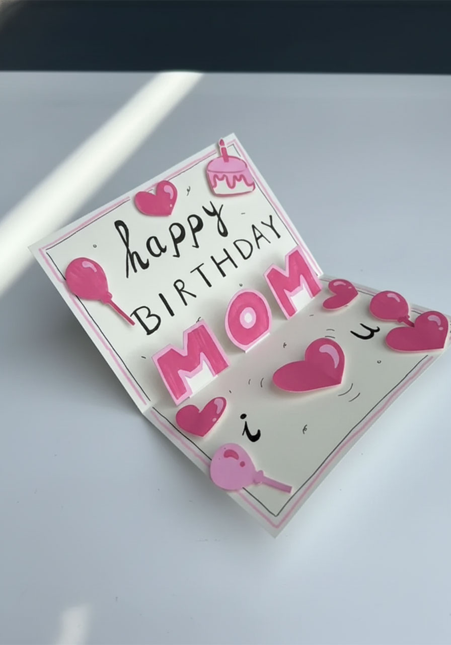 Finished DIY 3D MOM pop-up birthday card fully open showing pink block letters, hearts, and handwritten happy birthday message