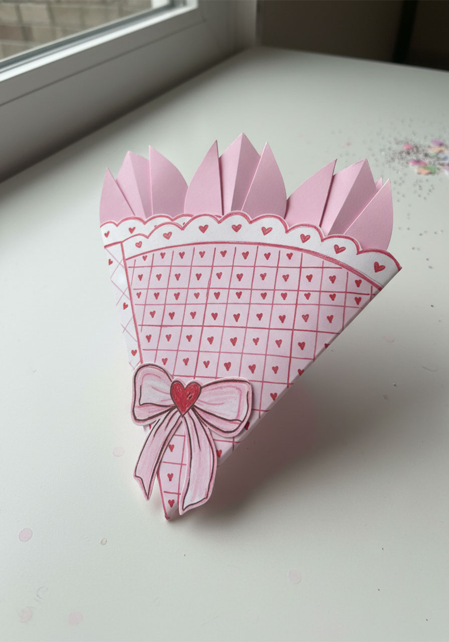Finished DIY 3D tulip bouquet card for Mother's Day, closed view showing pink heart-patterned wrapper and paper bow