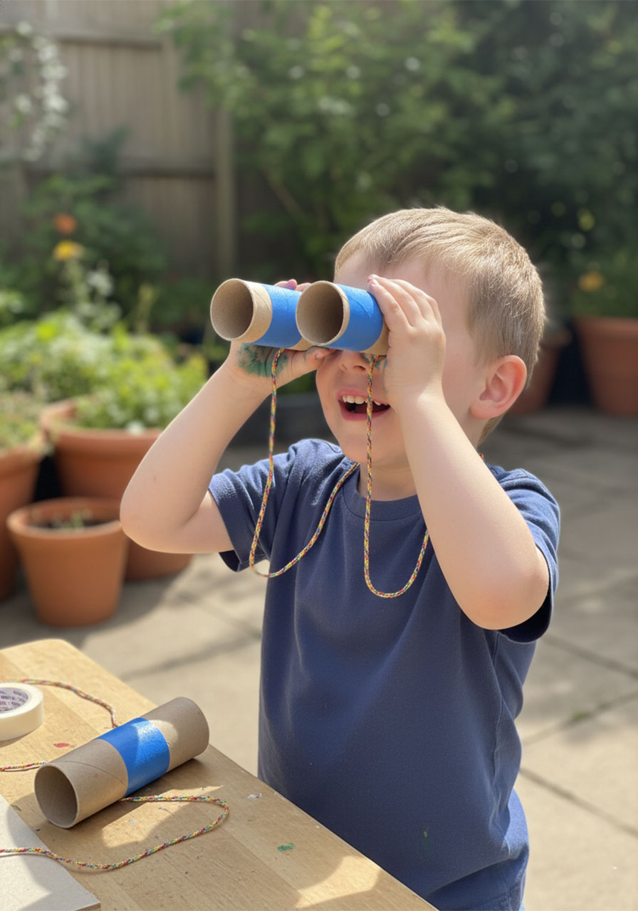 Toddler holding up DIY binoculars made from toilet rolls and string, looking through them in the garden